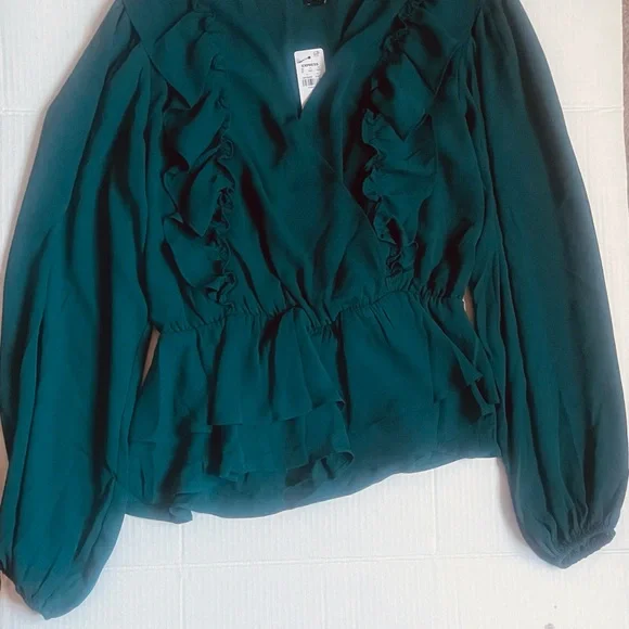 Express Teal Ruffle Wrap Peplum Blouse NWT - Picture 4 of 7